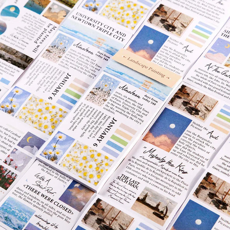 Pack of twenty rectangular paper stickers featuring landscape paintings, sized 60 by 120 millimetres.
