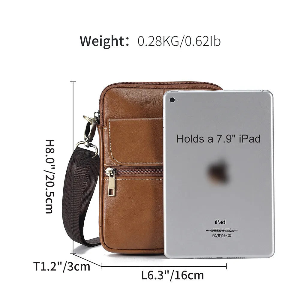 Men's brown genuine leather crossbody shoulder bag with sewn detailing and a shoulder strap.