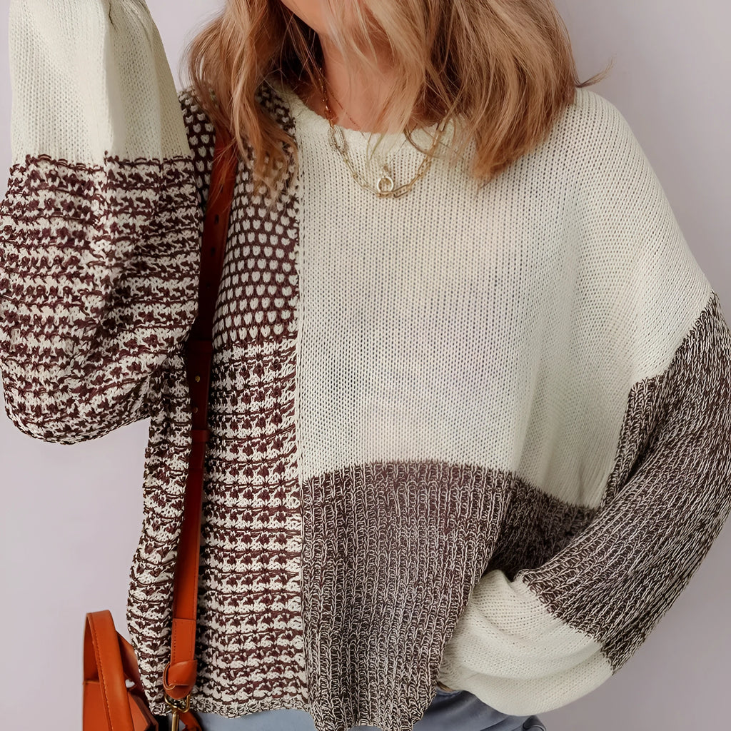Dark khaki loose-fit sweater with colour block pattern and back tie detail