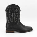 Men's black retro Western-style square toe motorcycle boots with embroidery on a mid-calf shaft.