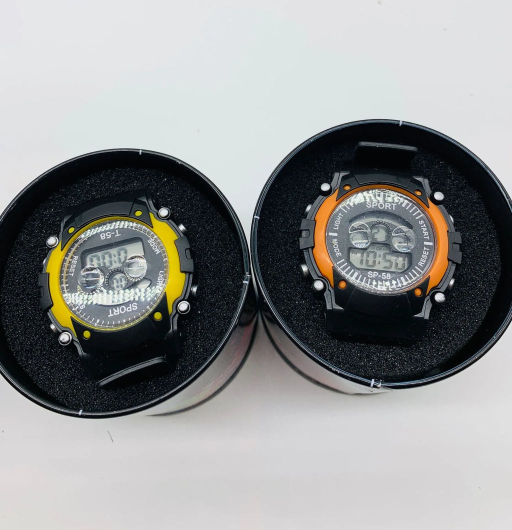 Digital sports watch for students with silicone strap, plastic case, and 10m waterproof rating