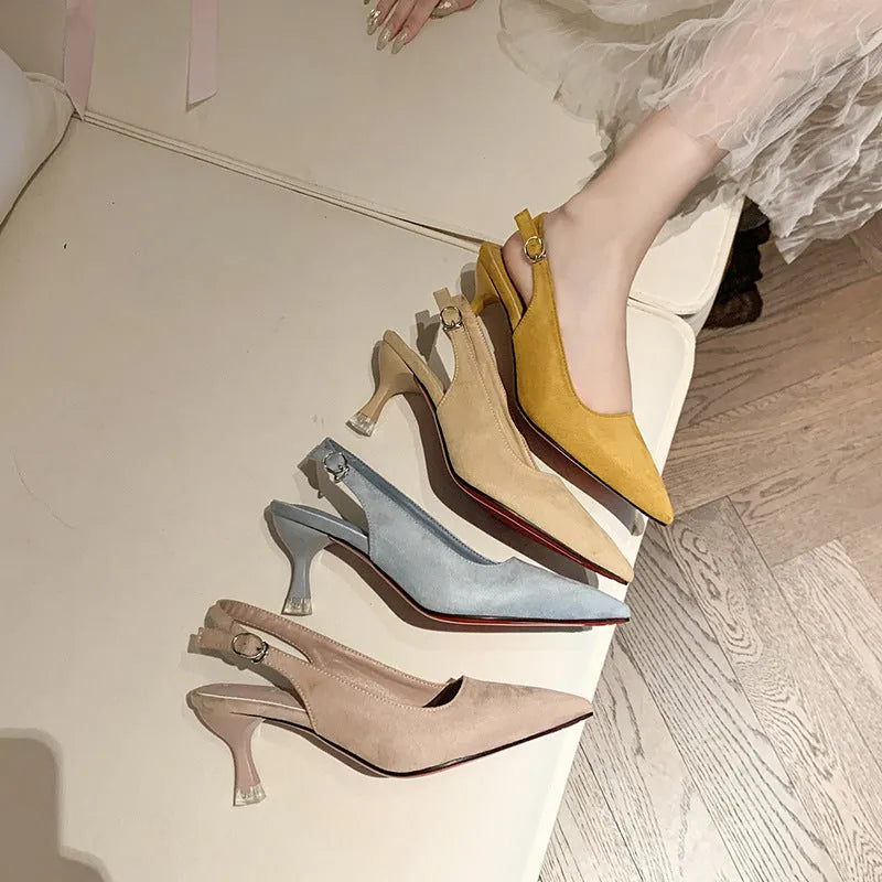 Women's suede stiletto high heels in pointed toe design showing apricot pink blue yellow colour options