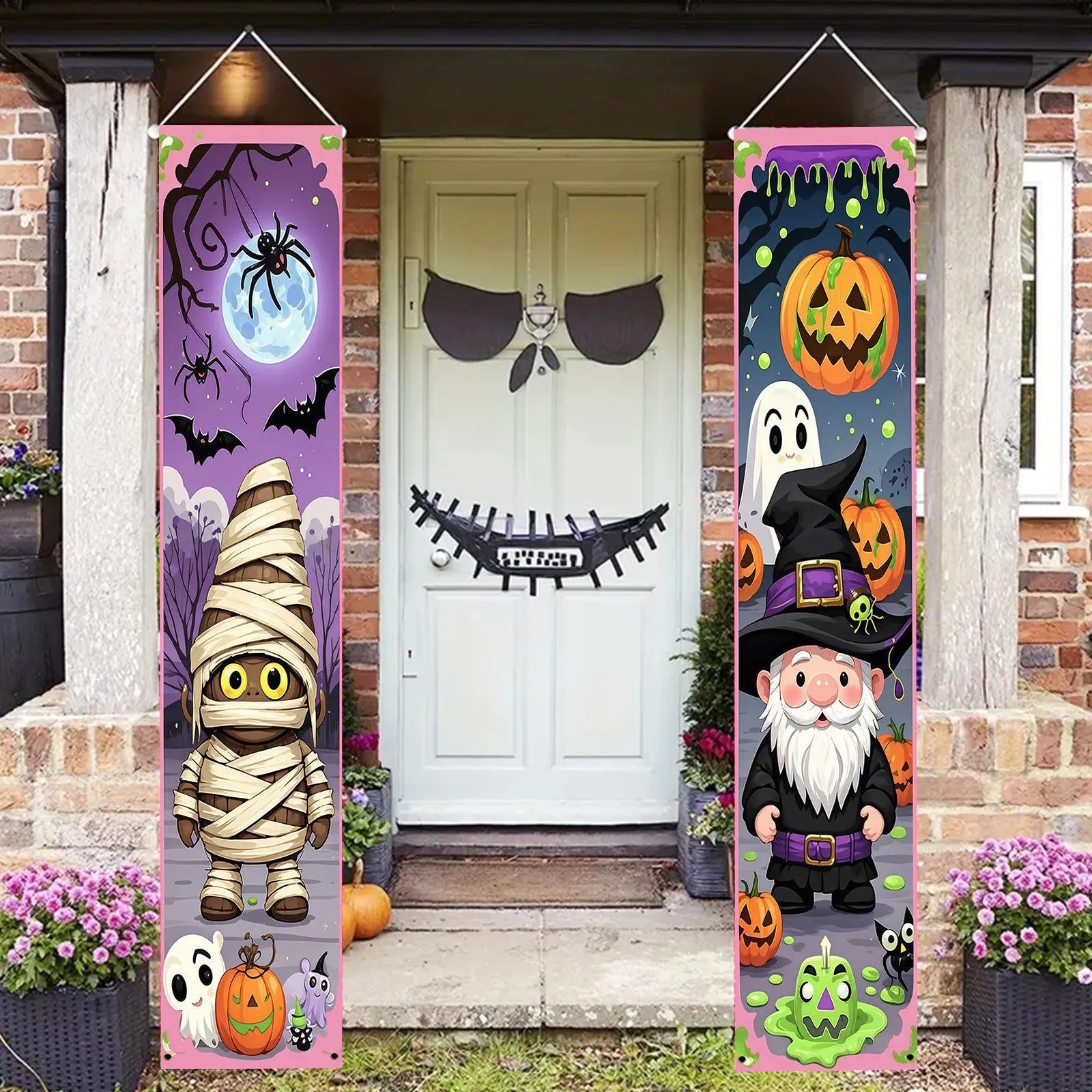 Pair of polyester Halloween couplet banners measuring 30x180cm each for seasonal decoration displays