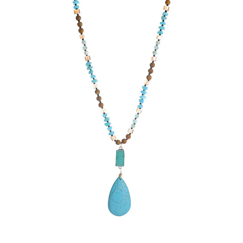 Women's turquoise imitation mineral pendant necklace with large water drop design on ball bead chain