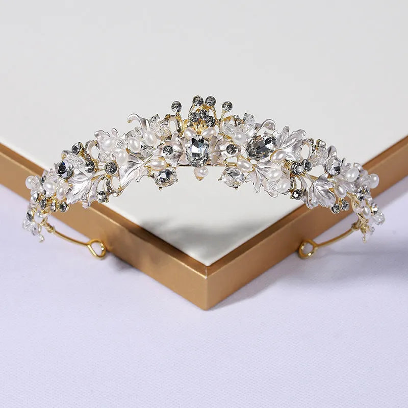 Women's pearl crown headdress hair accessory with alloy construction and electroplated gold/silver finish