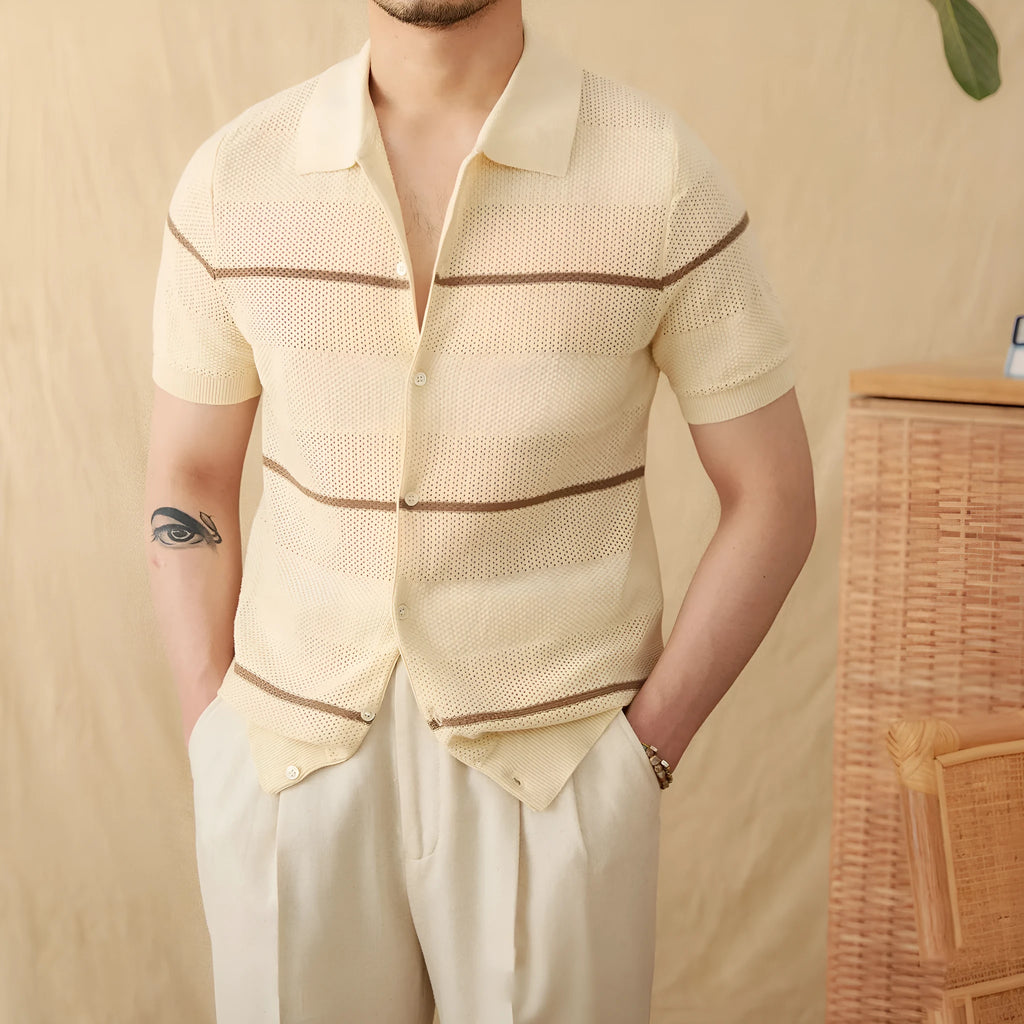 Men's camel coloured lapel cardigan with short sleeves made from a cotton and linen blend fabric.