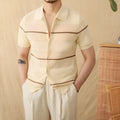 Men's camel coloured lapel cardigan with short sleeves made from a cotton and linen blend fabric.