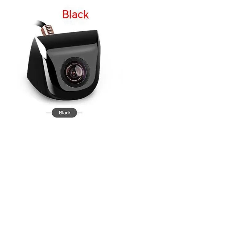 Black metal waterproof HD car rearview camera with integrated cable on a white background.