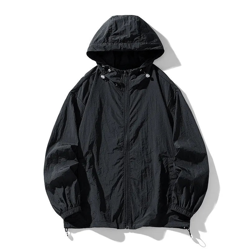 Thin loose fit outdoor sports jacket in various colours on a hanger, showing front and back detail.
