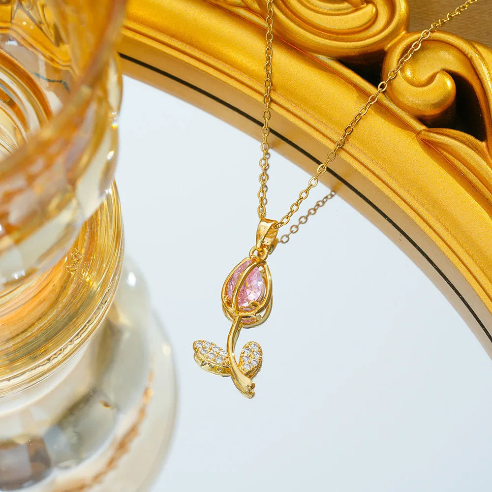 Zircon tulip necklace for women with gold flower pendant on adjustable titanium steel chain.