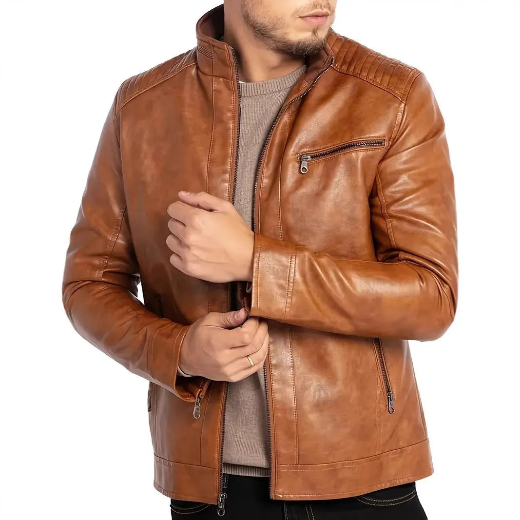 Man wearing a brown punk-style stand collar artificial leather motorcycle jacket with patch pockets.