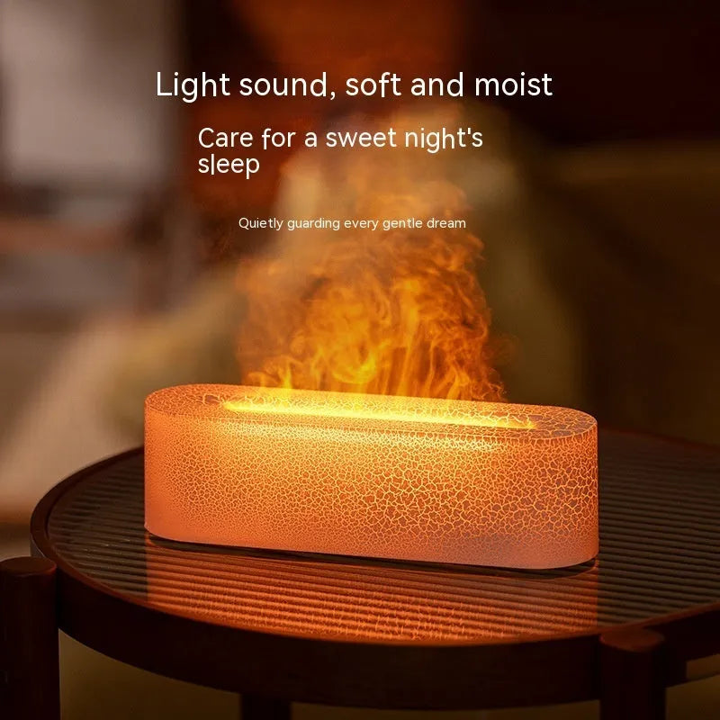 Creative square desktop humidifier and aroma diffuser with colourful flame lighting effect in black and white colour options.