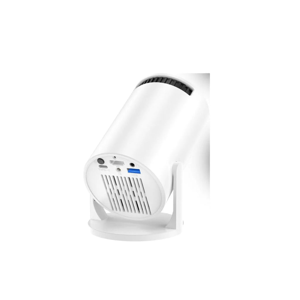 White mini wireless portable projector showing 1080p HD resolution for home use