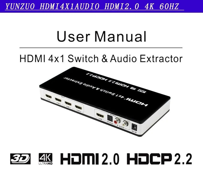 Black HDMI switch unit with remote control for 4-input 1-output video switching with audio separation