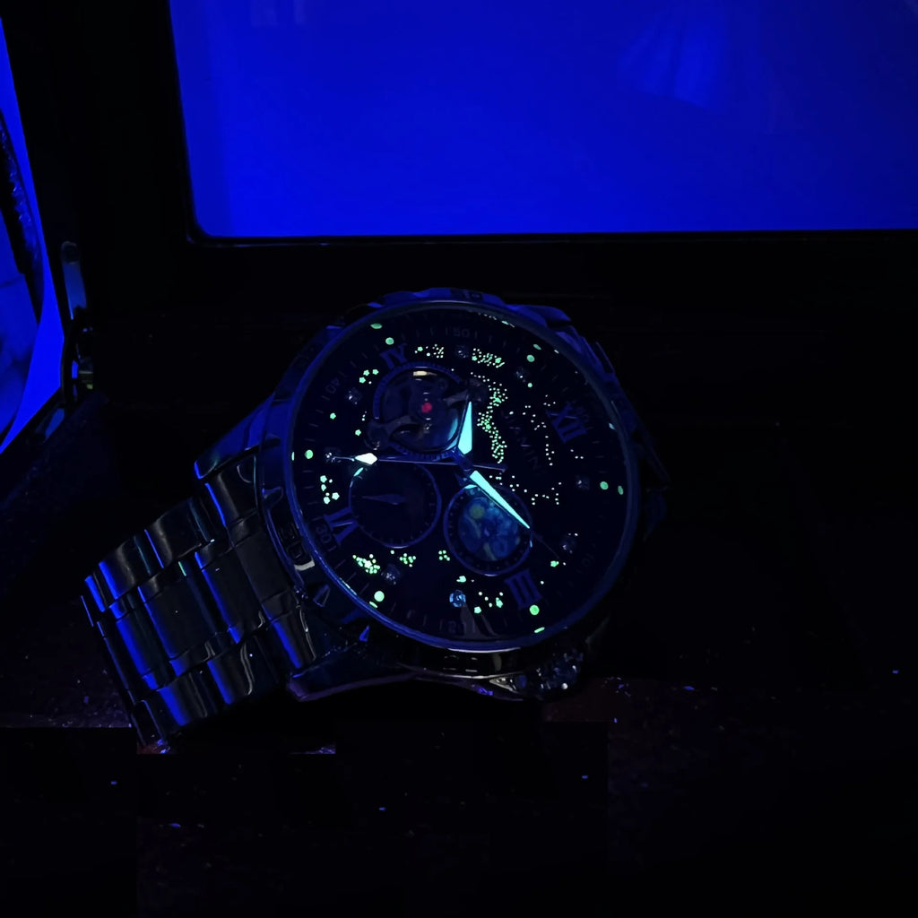 Men's automatic mechanical watch with rose gold shell, black dial, large display, and 12mm thickness