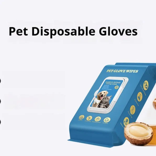 Pack of disposable plastic gloves for pet bathing and cleaning tasks.