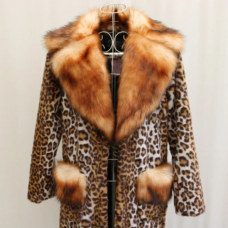 Women's leopard print artificial fur jacket with 80cm length available in sizes S to 9XL