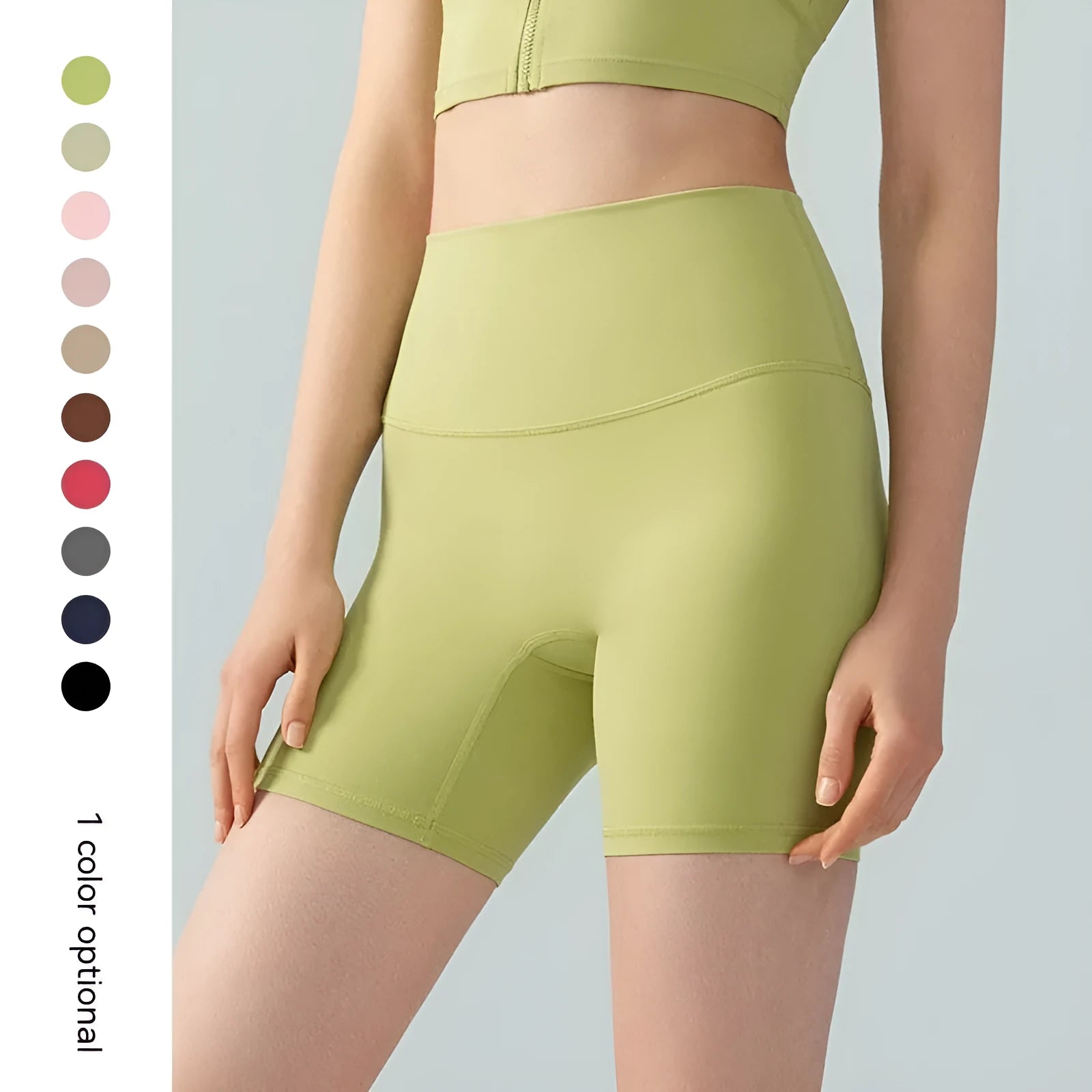 Women's high elastic yoga shorts in leaf green colour with high waist and anti-exposure design for summer workouts