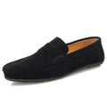Men's solid colour suede slip-on loafers with a round toe and flat rubber sole.