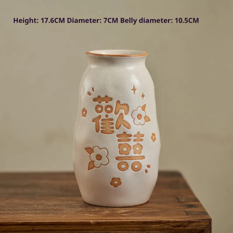 Chinese hand-painted ceramic joy vase with auspicious symbols on 8cm diameter base for desktop display