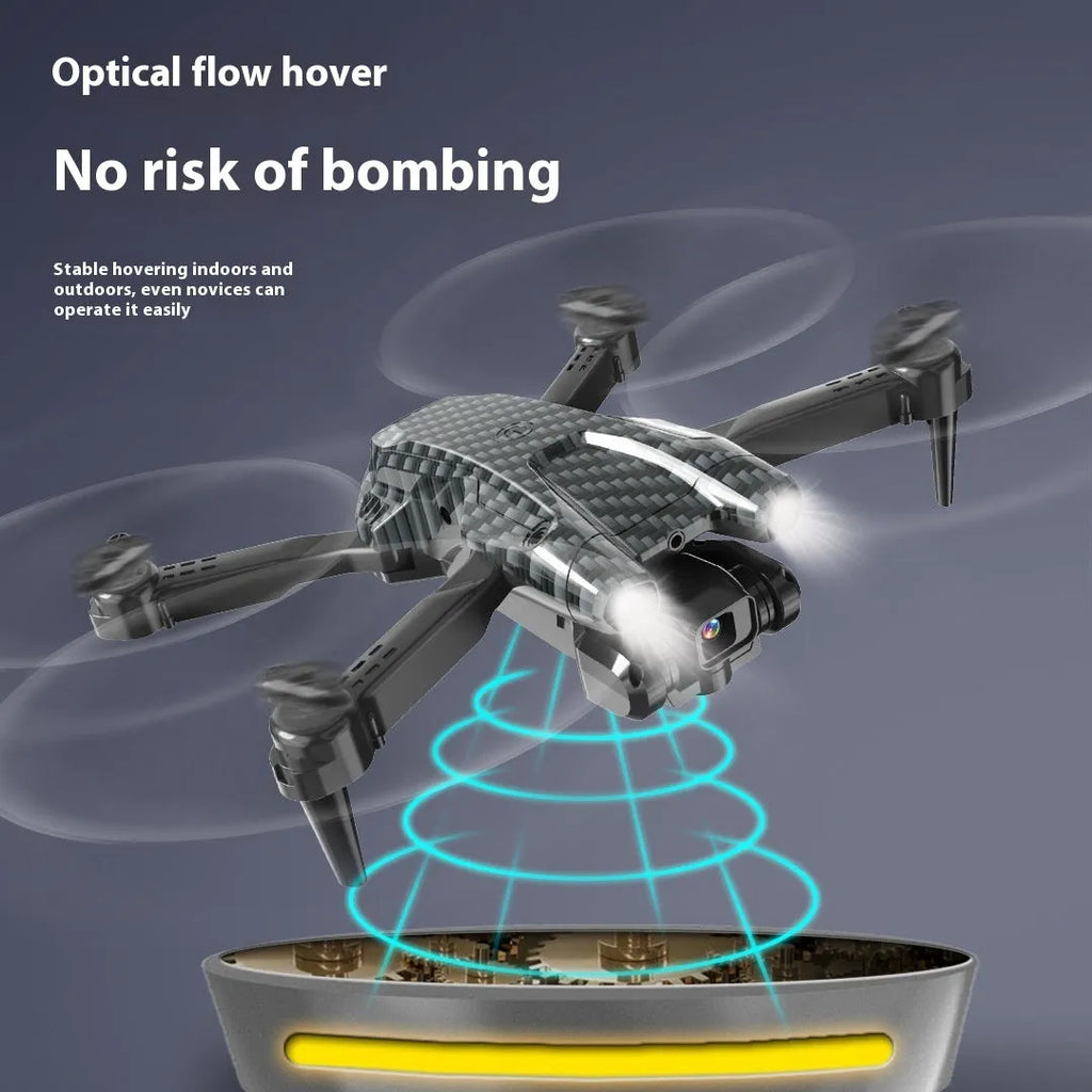S138 black folding drone with propellers extended, shown next to its storage bag, highlighting its compact design and camera module.