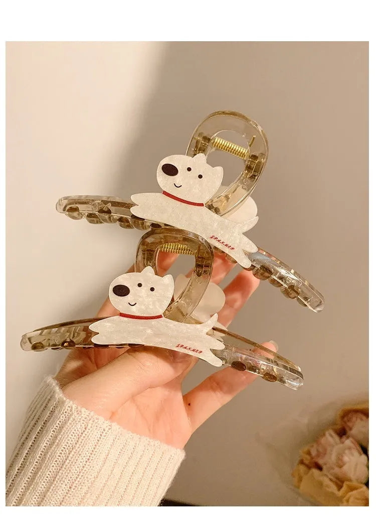 Cartoon puppy handle hair barrette in Korean style, shown in beige and brown colour options