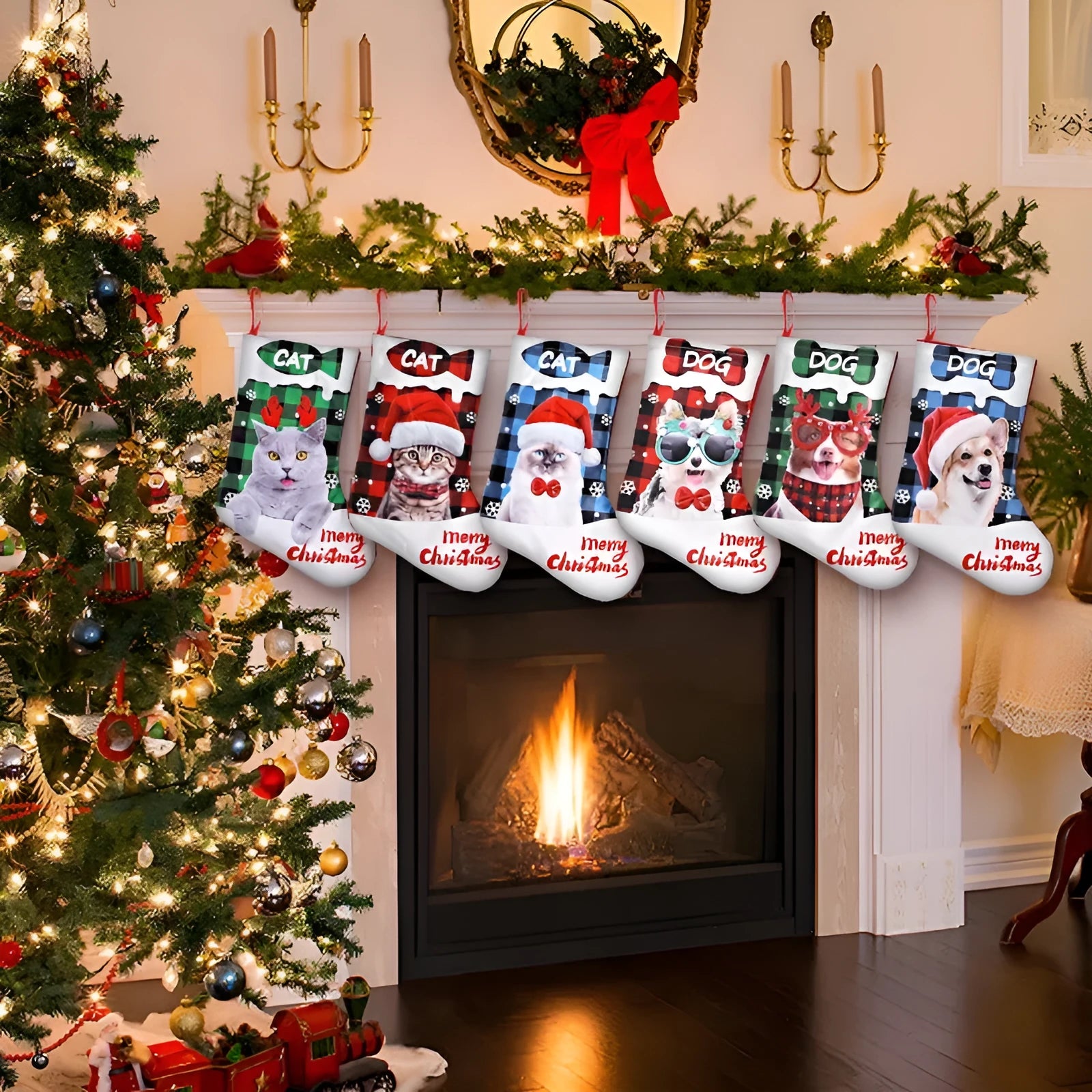 Green and black plaid cloth Christmas decoration with printed cat design, measuring 26x36cm.