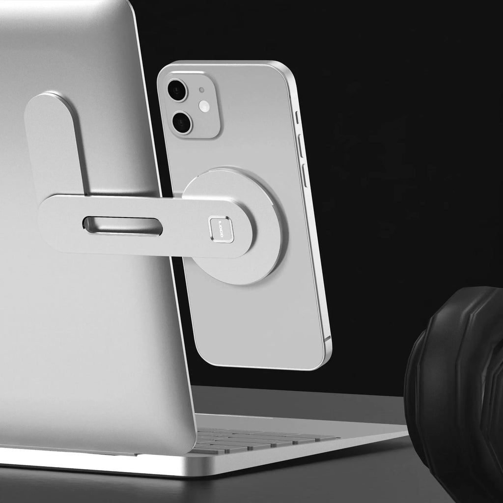Aluminium magnetic desktop expansion bracket for laptops in black, showing fine sandblasted finish and compact size.