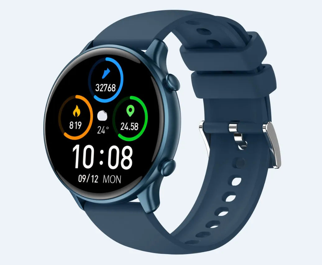 Round smart sports watch with silicone strap showing heart rate and sleep tracking on its touch screen.