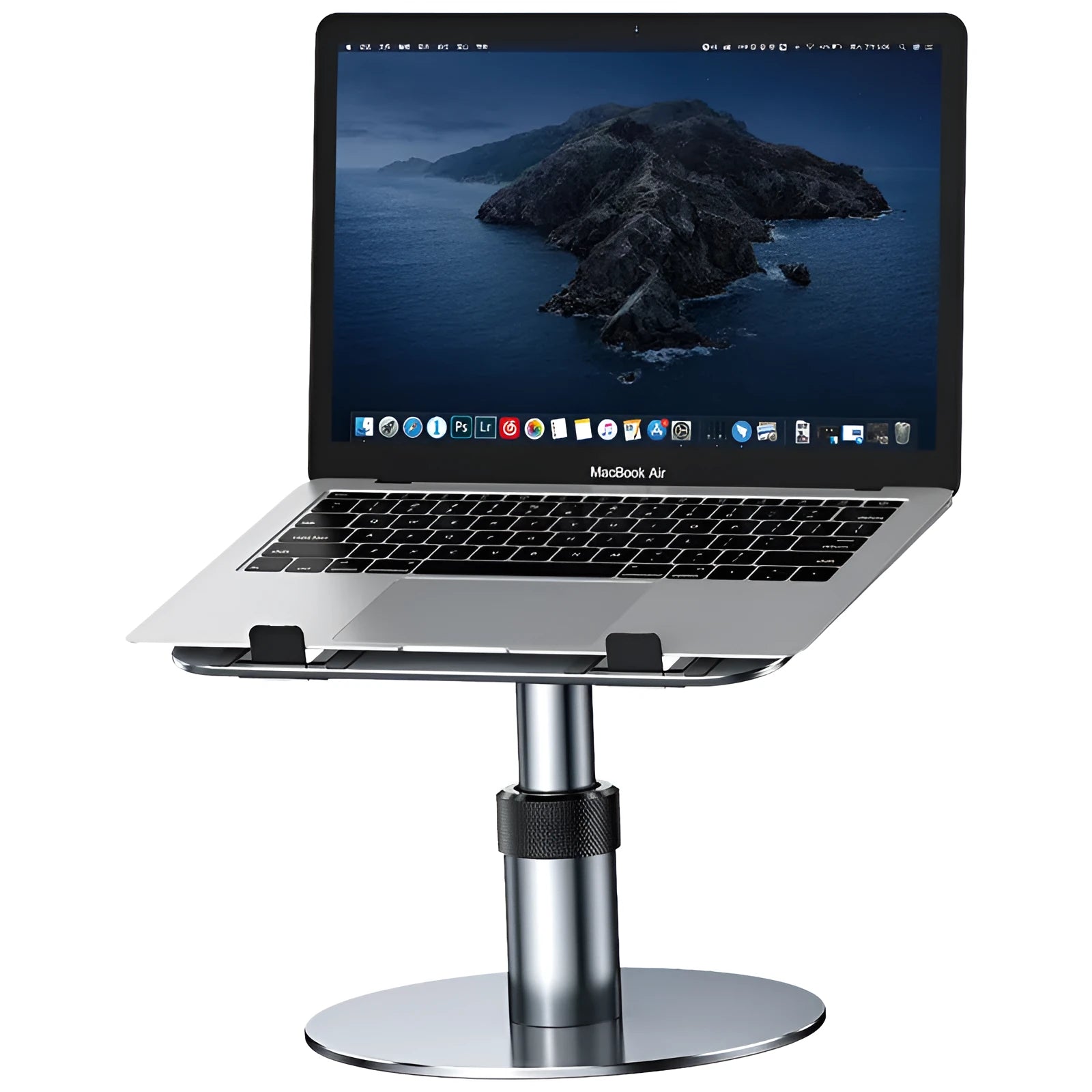 Silver adjustable aluminium car laptop stand extended on a car back seat.