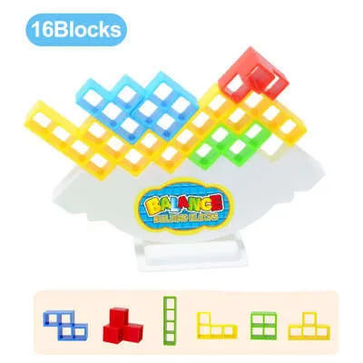 Plastic balance stacking board game with 16 coloured blocks, chassis, and base on a table