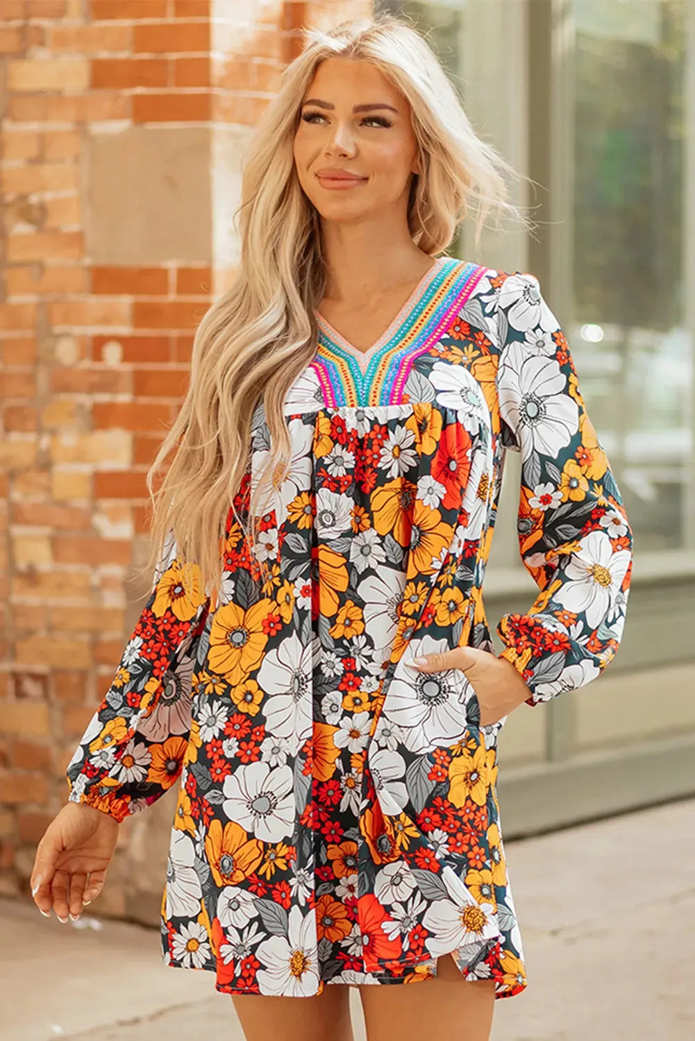 Orange floral striped V-neck mini dress with long lace sleeves