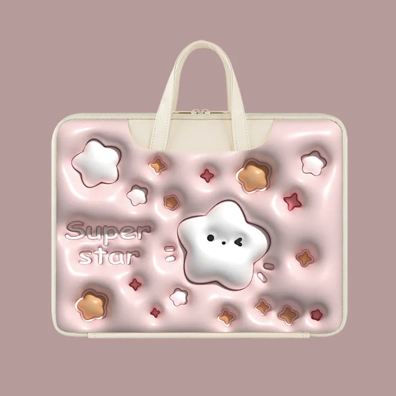 Inflatable PU leather laptop bag with carry strap, shown in a cute panda design.