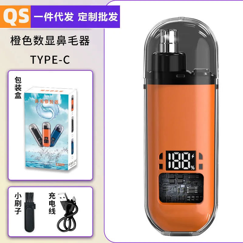 Rechargeable nose hair trimmer with digital display and removable cutter head.