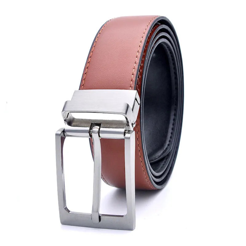 Men's brown and black genuine leather belt with rotating alloy pin buckle showing length adjustment