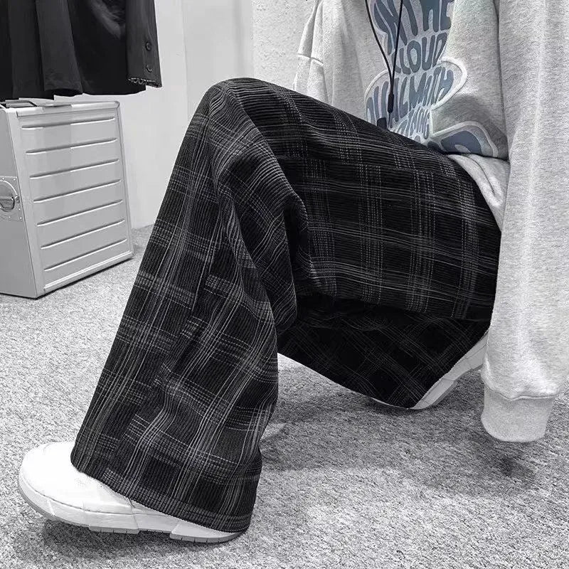 Japanese retro casual loose straight-leg plaid trousers in black or green colour