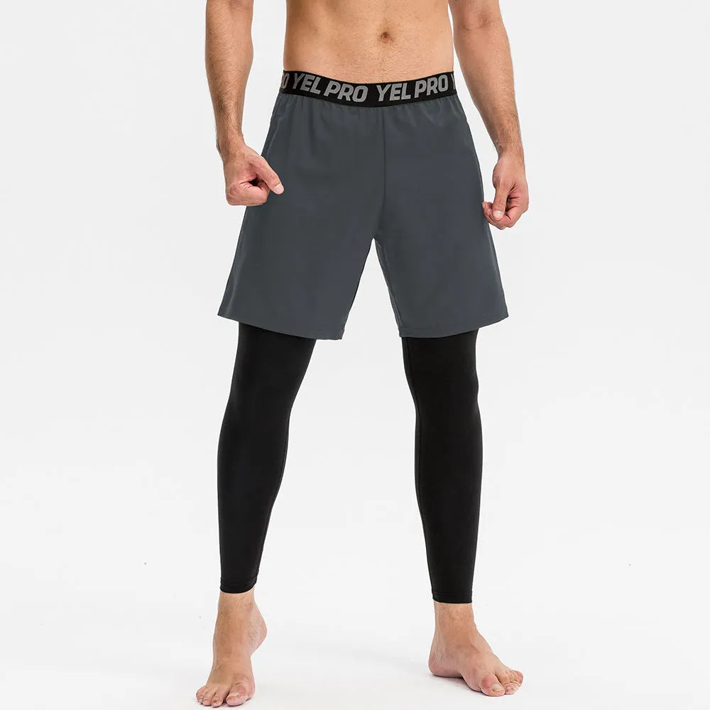 Men's grey quick-drying high elastic tight pants for running and fitness.