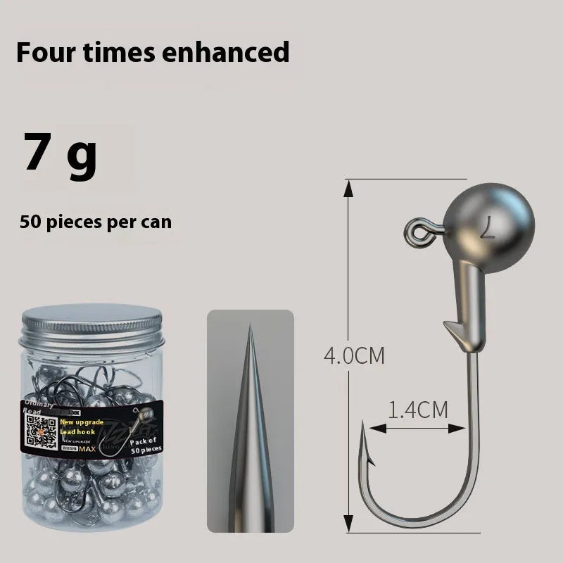 50-piece pack of steel jig fishing hooks with 7-gram lead heads in primary colour