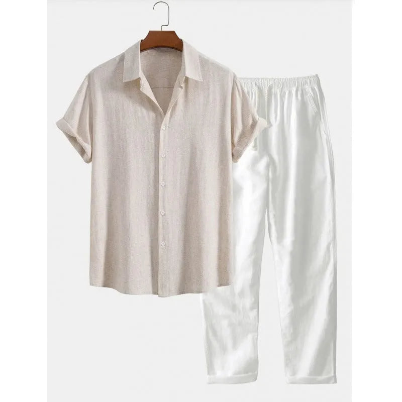 Man wearing a loose-fit short-sleeve shirt and trousers from a casual linen-blend suit set.