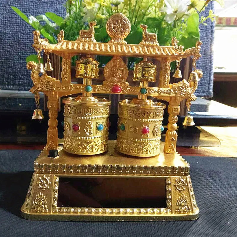 Traditional Chinese style alloy car prayer wheel decoration measuring 12 by 15 by 8 centimetres