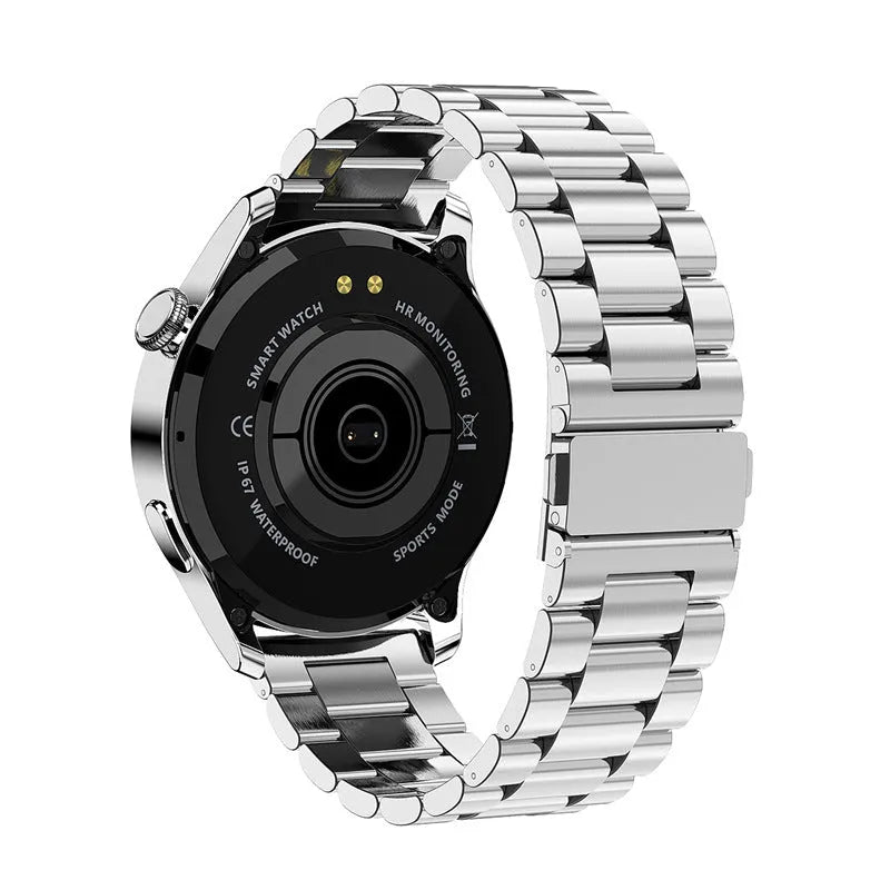 Smart watch with round colour touch screen on a silicone strap, showing heart rate and call interface.