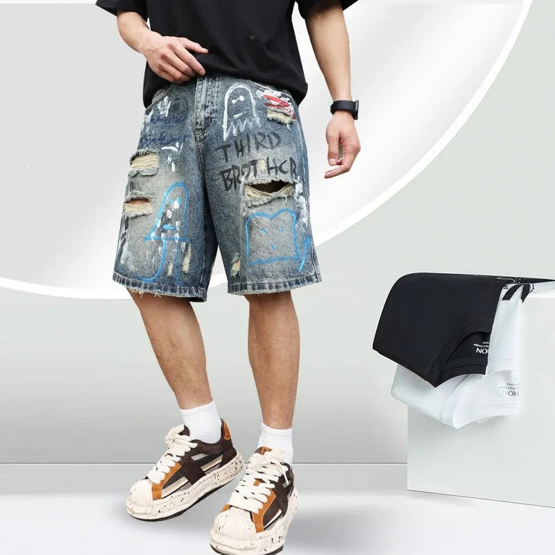 Blue men's ripped denim shorts with a straight leg cut and zip fly front.