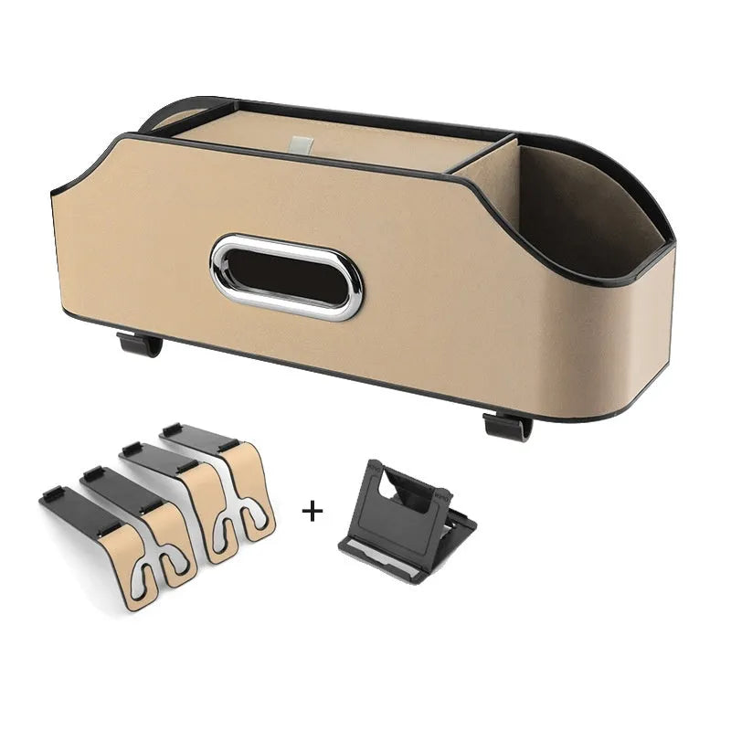Genuine leather car tissue box holder storage bag in beige colour showing hanging strap