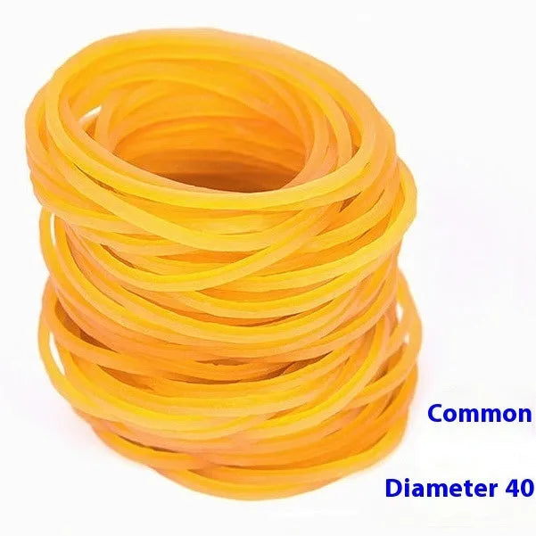 500g bag of yellow rubber bands in multiple sizes from 16mm to 70mm diameter.