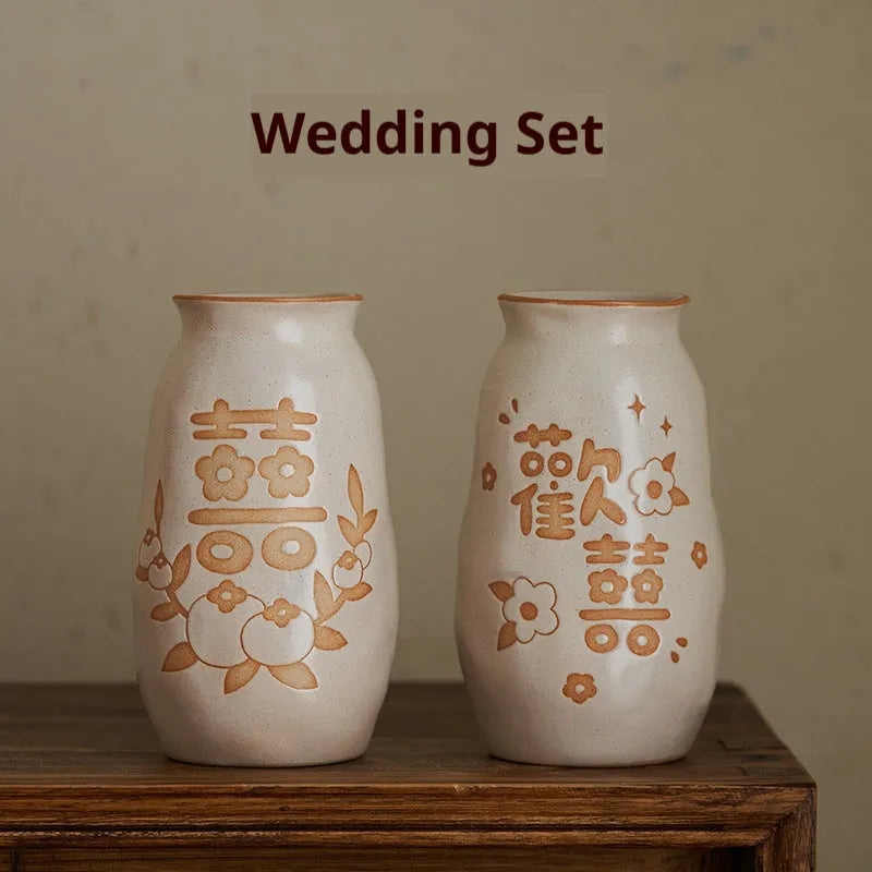 Chinese hand-painted ceramic joy vase with auspicious symbols on 8cm diameter base for desktop display