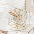 Rotating cosmetics storage box in amber gold colour on a bathroom countertop