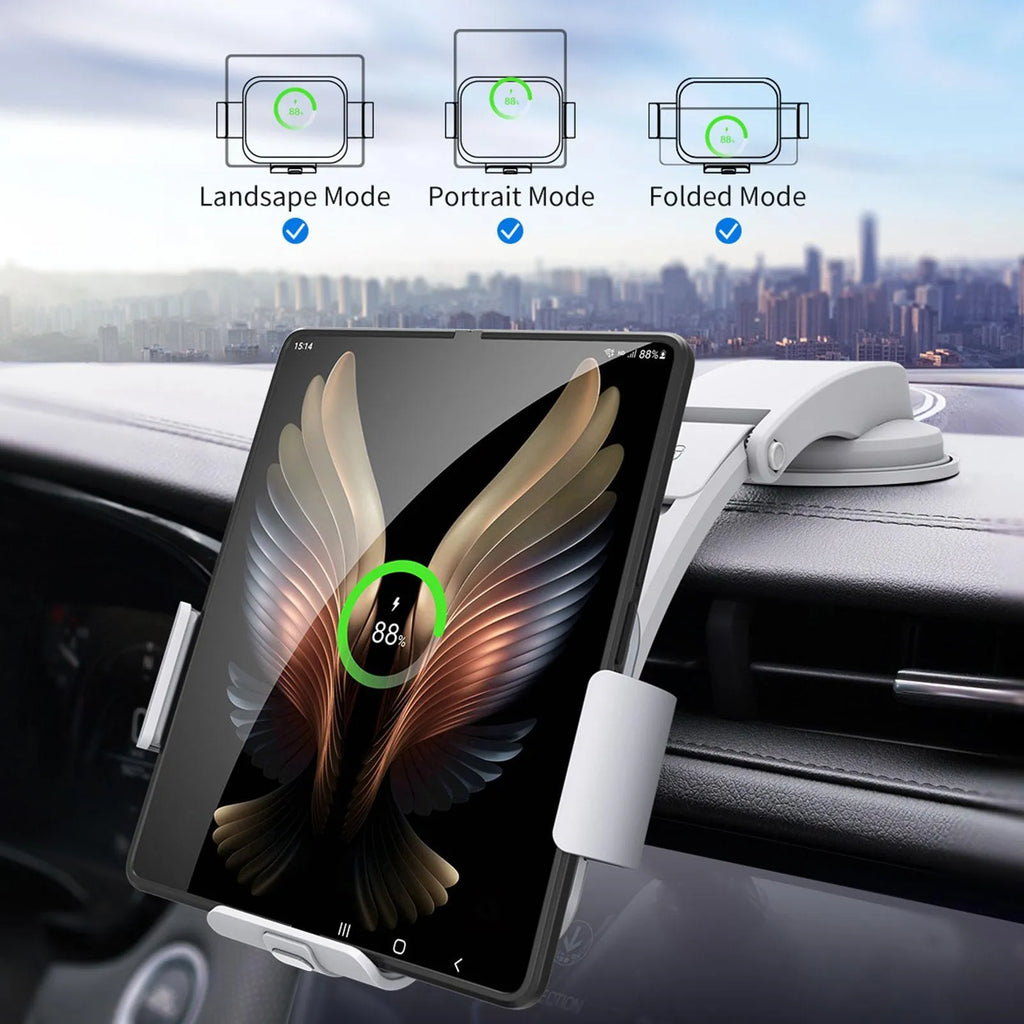 Grey wireless charging car phone holder with folding screen, showing air-con clip and suction cup mount options.
