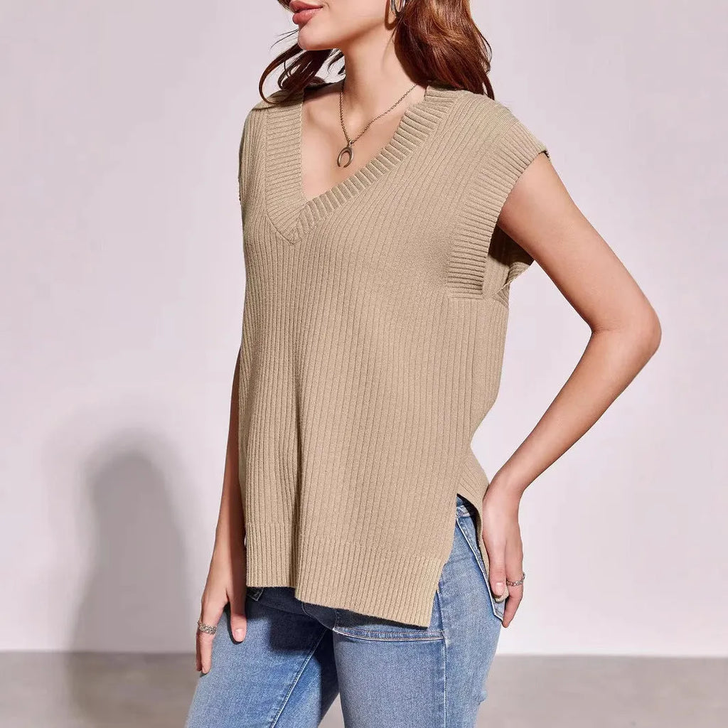 Women's V-neck sleeveless pullover vest in loose fit camel colour viscose fabric