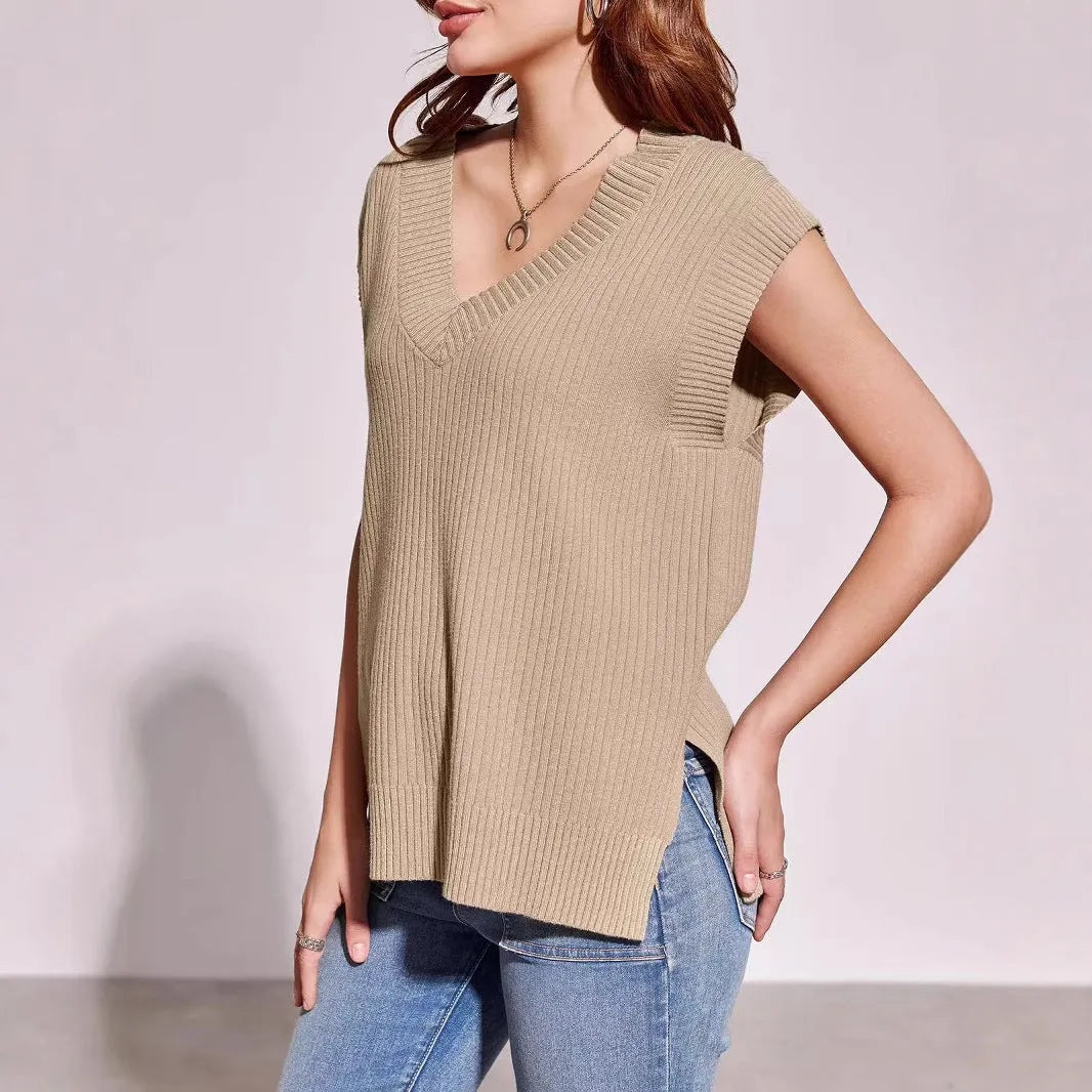 Women's V-neck sleeveless pullover vest in loose fit camel colour viscose fabric