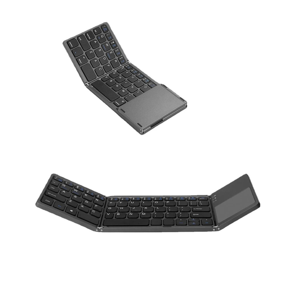 Mini tri-fold Bluetooth keyboard in black showing unfolded typing surface and thin profile